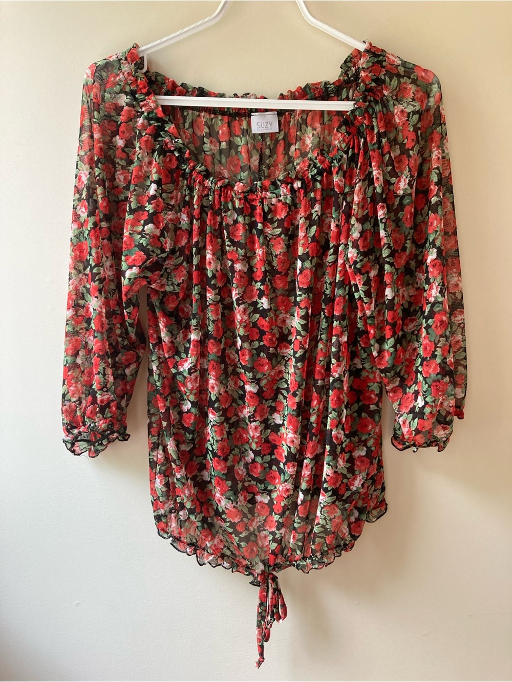 Suzy Shier Red Floral Peasant Sheer Blouse with Tie Detail